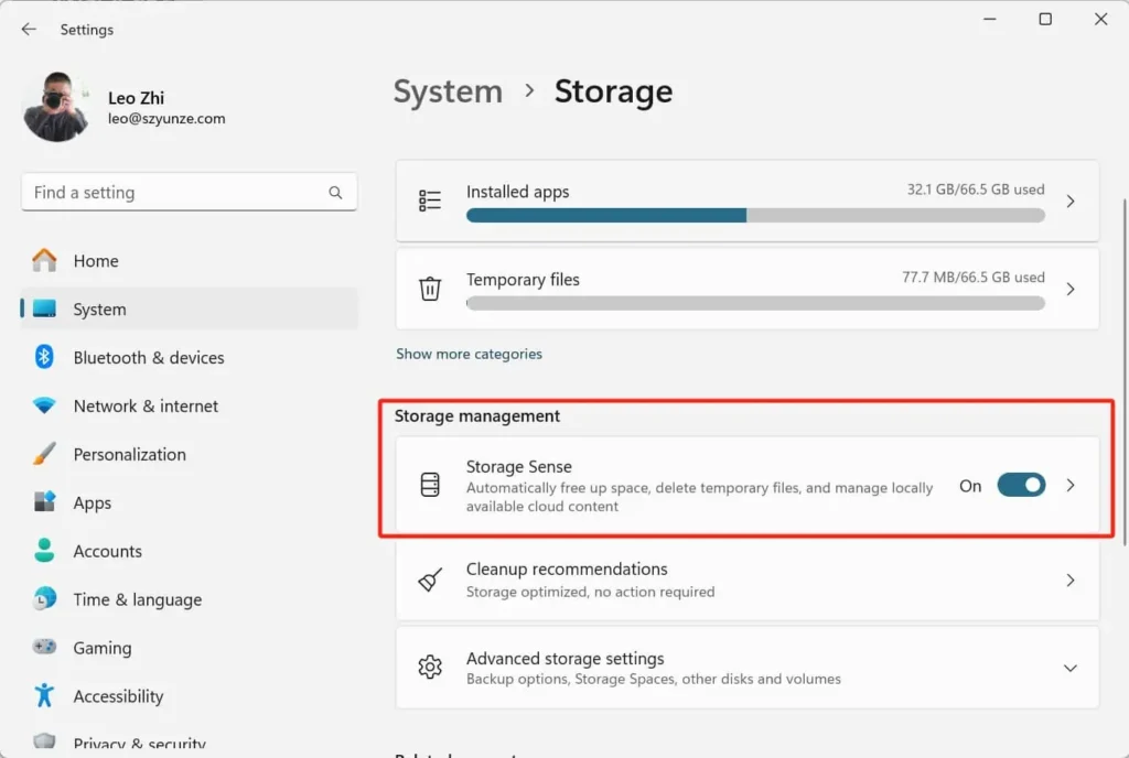 Enable Storage Sense