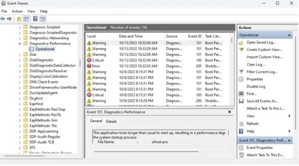 In the Windows Event Viewer, search for the cause