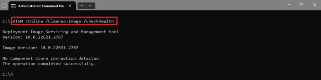 The CheckHealth option of the DISM command