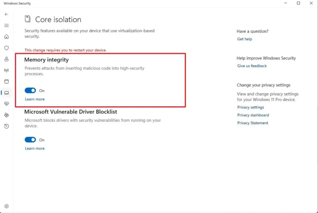 To enable Memory Integrity for Core Isolation on Windows 11-2