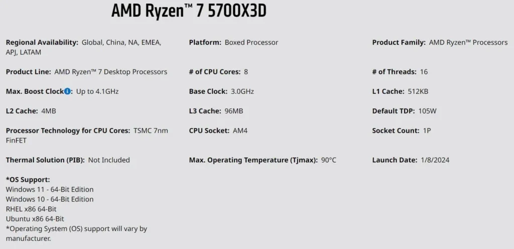AMD Ryzen 7 5700X3D Parameters