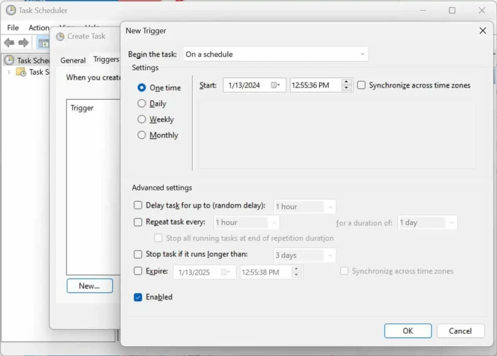 configure the trigger conditions for the task