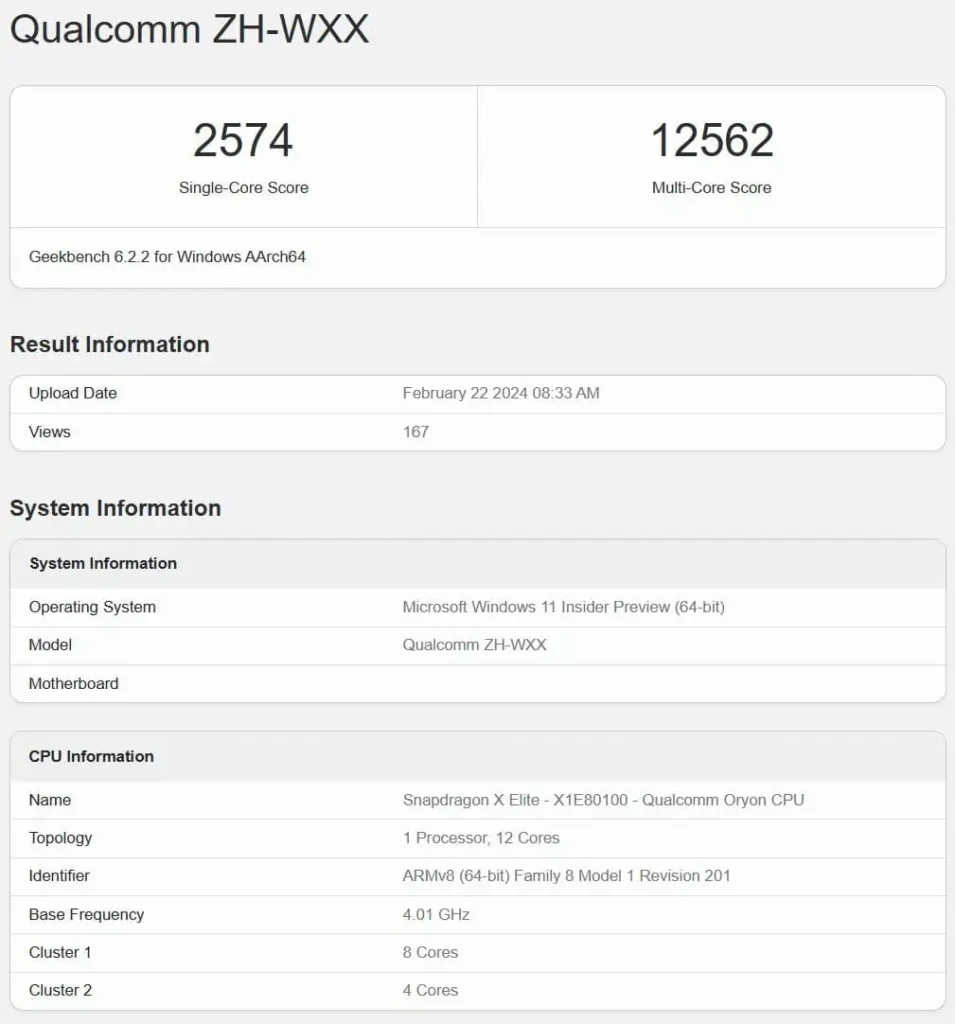 leaked Geekbench scores for the Snapdragon X Elite