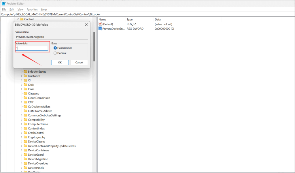 Prevent Device Encryption by editing DWORD (32-bit) Value